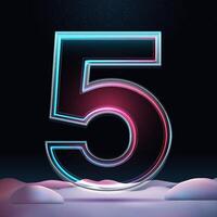 3D glass number 5 with neon light insight. Big realistic symbol with sparkles and winter background. Futuristic holiday decoration. Element for design poster, advertisign or game vector