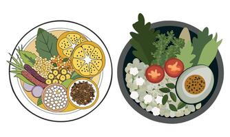 Two plates with different types of vegetables and fruits vector