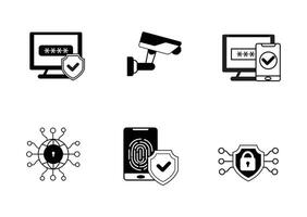 Six black and white icons depicting cybersecurity measures password protection, security cameras, fingerprint authentication, shielded devices, network security, and secure access. vector
