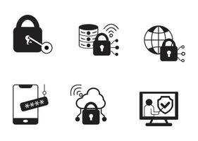Six black and white icons depict cybersecurity concepts padlock with key, server with lock, global network with lock, smartphone with password, cloud with lock, and computer with shield and checkmark. vector
