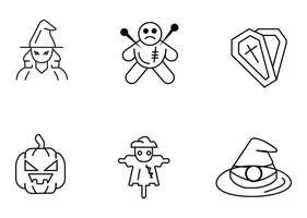 A set of six line art Halloween icons depicting a ghost, spider, bloody knife, graveyard, spiderweb, and skull. vector