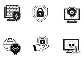 A set of six black and white icons representing various cybersecurity concepts firewall, locked shield, secure computer, global network protection, secure hand, and virus warning. vector