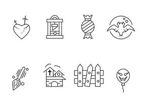 A set of eight line art icons depicting Halloween themes, including a broken heart, a guillotine, candy, a bat, a broom, a haunted house, a fence, and a spooky balloon. vector