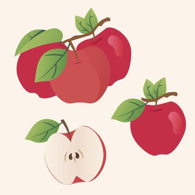 Set of Red Apple with fresh green leaves Illustration