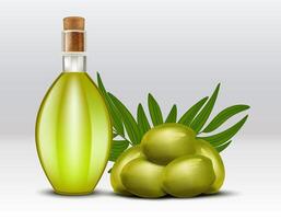 Olive oil in a glass bottle and cork and olives with green leaves, realistic illustration on gray background. vector