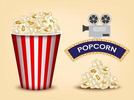 Realistic cinema concept banner template design with realistic popcorn snacks, film tape, objects on yellow background. template for ads, banner, posters and etc. vector