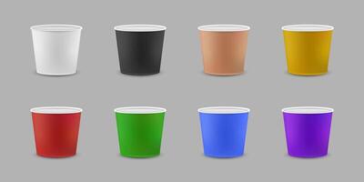 Set of realistic blank disposable ice cream buckets on gray background. white, black, brown, yellow, red, green, blue and purple cups or food bowls for advertisement, web banner and etc. vector