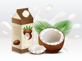 Realistic coconut milk container design with coconut milk splashing on the background. vector
