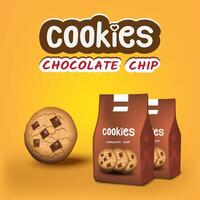 Realistic design packaging template for chocolate chip cookies snack on yellow background. 3D cookies package for advertisement, web banner, marketing and etc. illustration EPS 10. vector