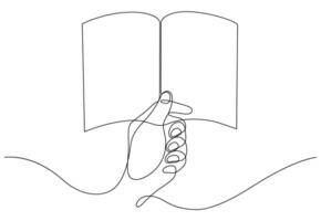 hand holding open book reading continuous line drawing vector