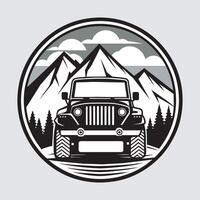 A jeep is driving through the mountains and forest vector