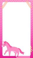 A cute and playful story template featuring a pink unicorn with a chevron-patterned background. The layout includes space for text or notes, decorated with washi tape at the corners. vector