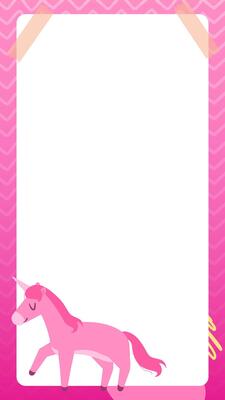 A cute and playful story template featuring a pink unicorn with a chevron-patterned background. The layout includes space for text or notes, decorated with washi tape at the corners.