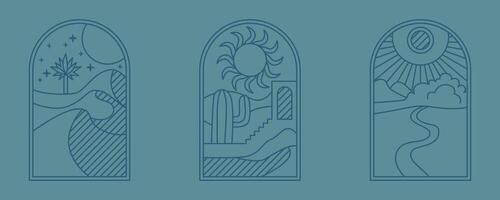Blue logo set of aesthetic boho symbols such as desert, sand, sunset, palm, cactus,river aeshetic outline icon. Stock illustration isolated on white background in line style. vector