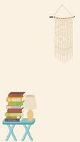 Cozy interior with stacked books, table lamp, and macrame wall hanging. Minimalist and boho inspired design with soft beige background and vintage elements. Stock illustration vector