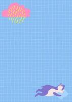 Blue grid with sleeping badger background with pink decorative element. Kids poster template. Stock illustration in hand drawn style. vector
