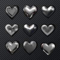 collection of chrome metallic hearts. Y2k metallic set. Stock illustration in realistic style. vector