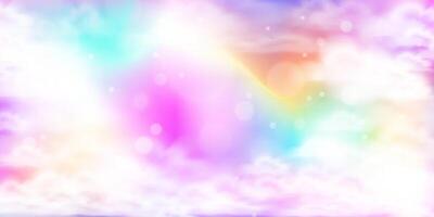 rainbow clouds bokeh portal. Princess party horizontal banner. Unicorn sky background. Stock illustration in cartoon realistic style. vector