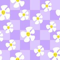 Seamless retro groovy pattern. Purple chess checkerboard with white smile daisy. Stock illustration in flat cartoon style. vector