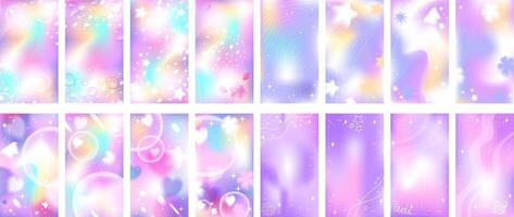 Trendy set of purple mesh gradient storis template background with copy space and hand drawn anime Y2K smooth elements. Ideal for use on social media. vector