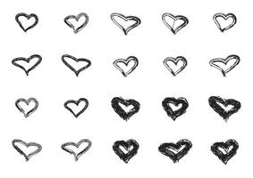 Set of Hand-Drawn Black Hearts in Varied Shapes on White Background, Ideal for Sketch, Love, and Art Projects vector