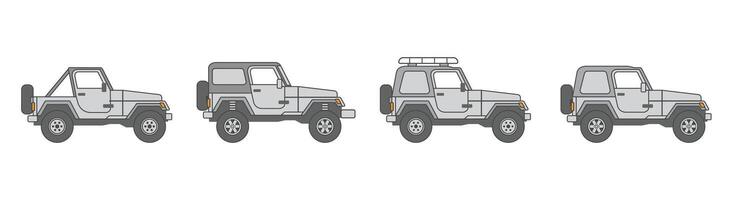 Set of Gray Jeep SUV Car Graphics. Flat Design Offroad Illustration Collection Bundle. vector