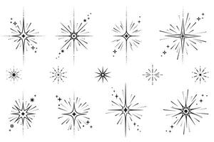 Line icons of stars. Sparks and shiny elements on white background. Abstract glitter symbols with light effect. Minimal Y2K magic twinkles set. vector