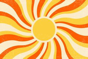 Sunrays retro background. Summer 70s poster. Abstract groovy design with grunge texture. Old paper banner with orange spiral beams on yellow backdrop. vector