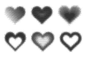 Bitmap pixel arcade game effect. Hearts y2k halftone pattern shape. Dither aesthetic gradient glow icons. 2000s design grainy illustration on white background. vector