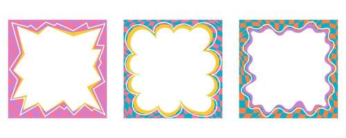 Wavy scallop border. Square fun wavy chessboard frame. Cartoon hand drawn shapes for text picture and photo. Doodle groovy psychedelic template. Abstract funky y2k squiggle checkered bubble vector