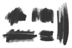 Halftone noisy gradient paint brush stroke. Dotted blobs. Abstract grunge elements isolated on white background. vector