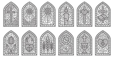 Glass church windows with mosaic. Religious catholic and christian frames with pattern. Medieval stained arches isolated on white background vector