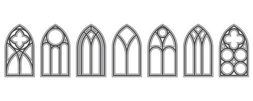 Gothic church windows. Cathedral stained glass arches. frame with pattern. Elements of catholic medieval architecture. Old vintage frames silhouettes on white background vector