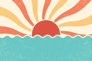 Sunrise retro background. Summer 70s poster with beams and sea. Vintage groovy design with grunge old paper texture for carnival and beach party festive banner vector