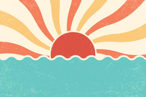 Sunrise retro background. Summer 70s poster with beams and sea. Vintage groovy design with grunge old paper texture for carnival and beach party festive banner