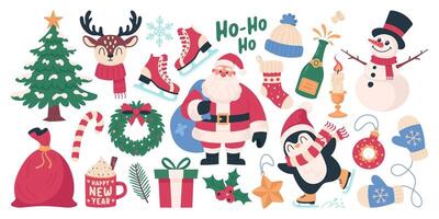 Set of Christmas elements. Holiday symbols and New Year design elements are hand drawn on a white background vector