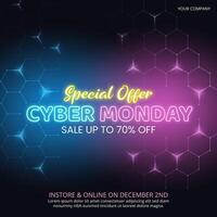 Cyber Monday Sale banner with neon hexagon pattern vector