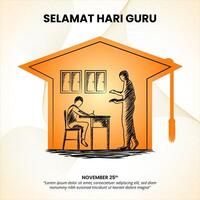 Selamat Hari Guru or Happy Teacher Day with an illustration of a teacher teaching in a class vector