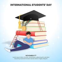 International Students Day background with a learning student and stacked books vector