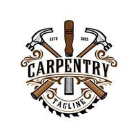 carpentry vintage logo. chisel and hammer tool elements for furniture, construction and carpenter. vector
