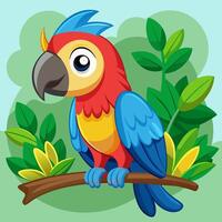 Cartoon Parrot Relaxing on a Branch with Jungle Vibes vector
