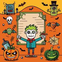 Halloween illustration with a skeleton holding a blank paper vector