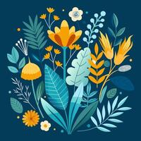 illustration of colorful flowers and leaves on blue background vector