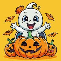 a cartoon ghost sitting on a pumpkin with bats flying around it vector