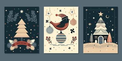 set of christmas cards in minimalistic flat style. graphic art of group xmas cards with greetings vector