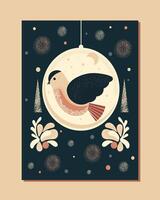 cute bird in ball and xmas decorations in abstract minimalist style. graphic winter background for xmas greetings vector