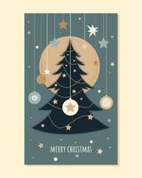 stylish merry christmas card with fir tree and xmas decorations. graphic art for xmas greetings vector