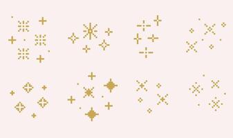Yellow sparkles symbols 8 bit. Set of pixelated stars sparkle icon. Bright firework, decoration twinkle, shiny flash. Glowing light effect stars and bursts collection. vector