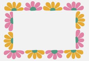 Groovy abstract bright floral botanical frame. Abstract color border with geometric flowers in trendy naive retro hippie 60s 70s style vector