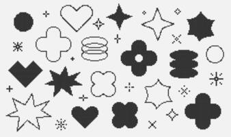Set of abstract pixelated shape in Y2K vintage style. 8 bit heart, stars, flower. Illustration isolated on white background vector